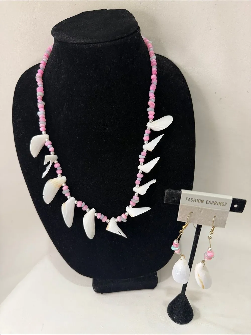 Tropical Pink White Blue Shell Bead Necklace & Matching Pierced Dangle Earrings